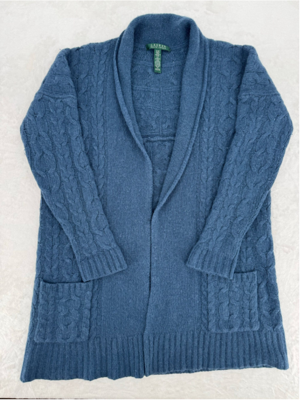 Lauren Ralph Lauren Blue Long Cardigan Sweater Lambswool Angora Cashmere S/M